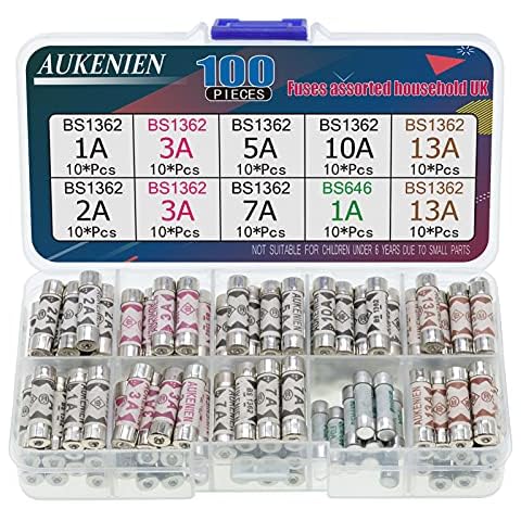 AUKENIEN Fuses Assorted Household UK 8 Values 100 Pcs BS1362 1A 2A 3A 5A 7A 10A 13A 240V 6.3x25 MM BS646 1A 5x20MM 1 2 3 5 7 10 13 Amp BS Ceramic Fuse Pack Mixed Assortment Kit for Mains Shaver Plug Cover