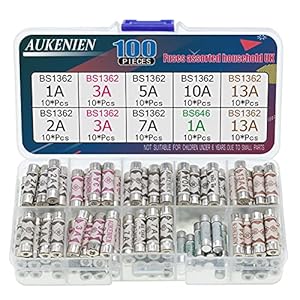 AUKENIEN Fuses Assorted Household UK 8 Values 100 Pcs BS1362 1A 2A 3A 5A 7A 10A 13A 240V 6.3×25 MM BS646 1A 5x20MM 1 2 3…
