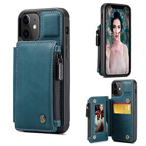 CaseNN for iPhone 12 Case for iPhone 12 Pro 6.1 inch Case Cover Wallet Case Flip Premium Leather with Card Holder 3 Slots for Women Men Magnetic RFID Blocking with Stand Zipper Purse for Blue Green