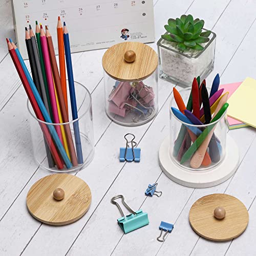 Image of Tbestmax 4 Pack Qtip Holder Dispenser Cotton Ball, Cotton Swab, Floss - 12oz, 10 oz Clear Plastic Apothecary Jars for Bathroom Organizer and Storage Containers (Bamboo Lids)
