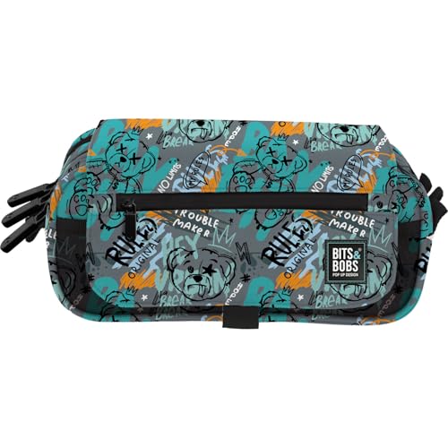 Grafoplas - Estojo escolar três compartimentos com lapela, bits&Bobs, cinzento, 23 x 10 x 10 cm, Urso