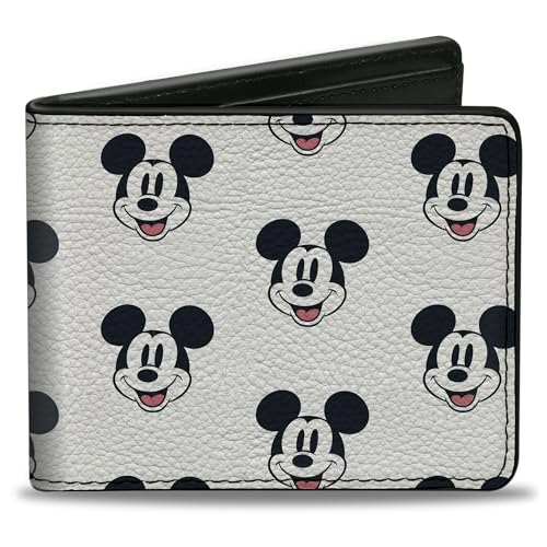 Buckle-Down Men's Disney Wallet, Bifold, Mickey Mouse Smiling Expression All Over White, Vegan Leather, 4.0