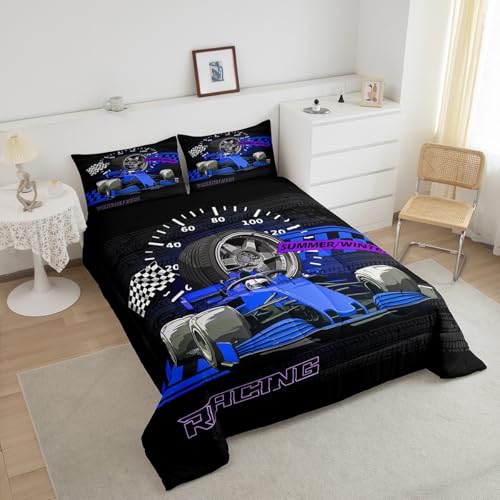 Image of Feelyou Kids Racing Car Duvet Insert Queen Size, Extreme Sports Comforter Set Boys Girls Karting Road Bedding Set Teens Bedroom Decor Microfiber Bed Set