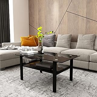 KitchenBoss Coffee Table for Living Room, Black Coffee Table, Rectangle Tempered Glass Side Table With Lower Storage Shelf, Metal Tube & Legs Support, Modern Living Room Furniture