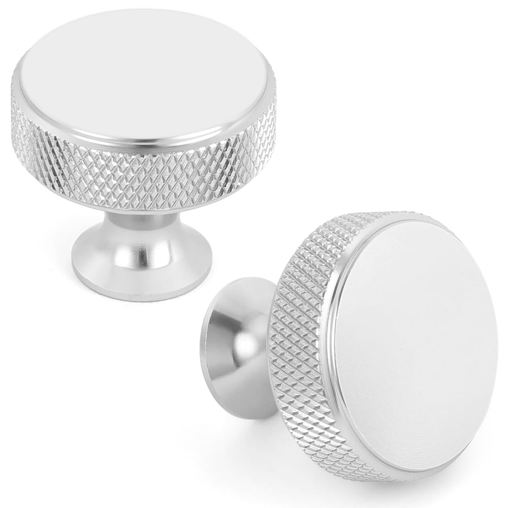 OSDUE 10 Pcs Silver Knurled Drawer Knobs, Round Modern Cabinet Knob, Aluminum Alloy Single Hole Door Handle with Screws for Home Decorating, Cupboard, Dresser Wardrobe Kitchen Hardware (30.5mmx26.5mm)