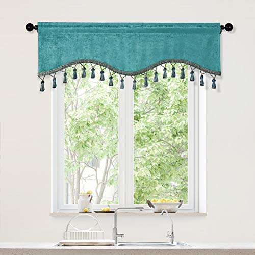 Elkca Double-Sided Chenille Window Curtains Tier For Kitchen Turquoise Scalloped Valance For Living Room,Pack Of 1(Turquoise, 52" W X 18" L) #TOP1