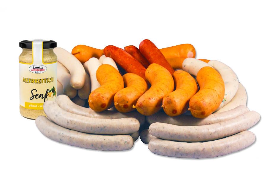 Landmetzger Schiessl's » Grillwürstl-Paket « 2300g | Würstlgenuss pur mit 6 beliebten Grillwürstln + Meerrettichsenf Senf | Hausgemacht aus eigener Schlachtung