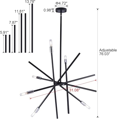 Miniatura 2 de VILUXY Lámpara de araña contemporánea, 6 luces, acabado negro mate, iluminación colgante de mediados de siglo, para comedor, dormitorio, cocina,