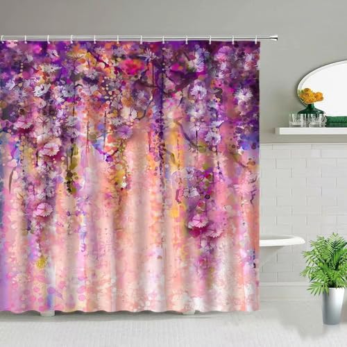 Rideau de douche fleurs violettes en polyester imperméable 138x153cm