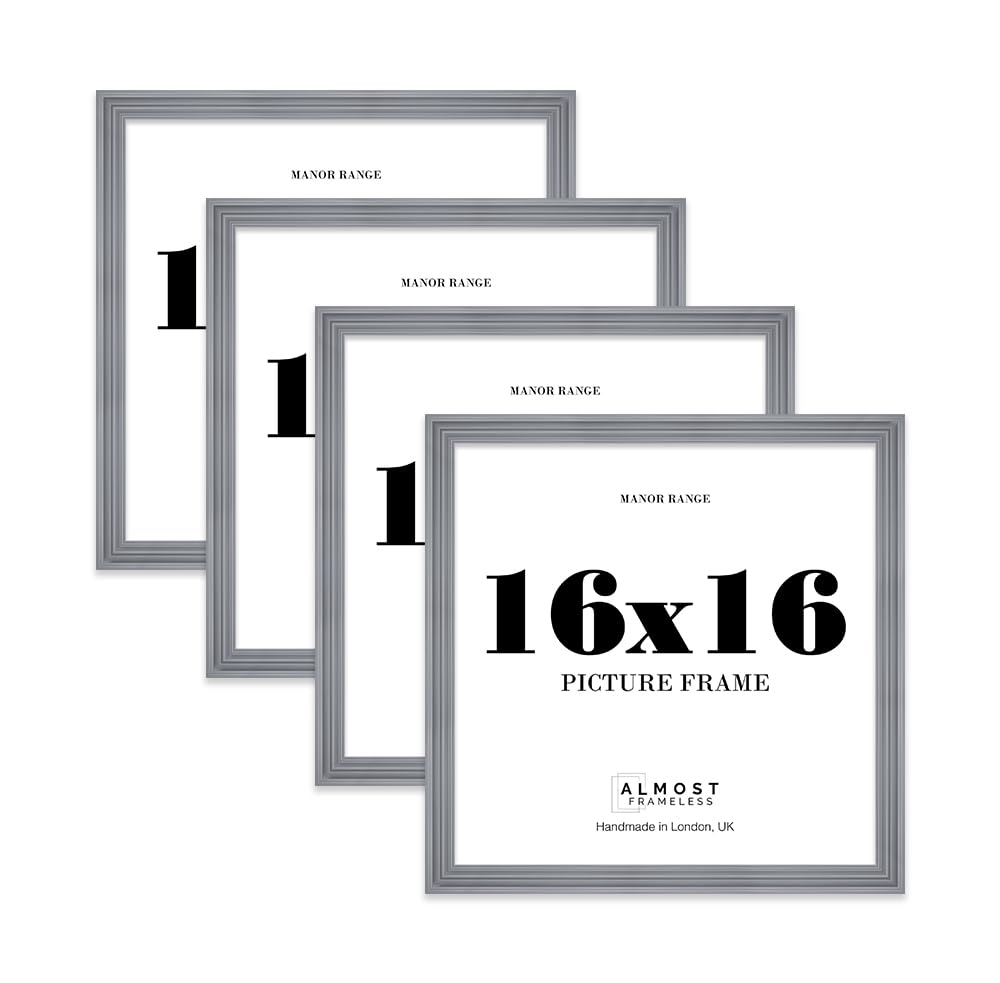 16x16 Picture Frame, Display 16x16 Pictures (40.6 x 40.6cm) - Scandi Grey Vintage 42mm Edge Room Decor - 4 Pack