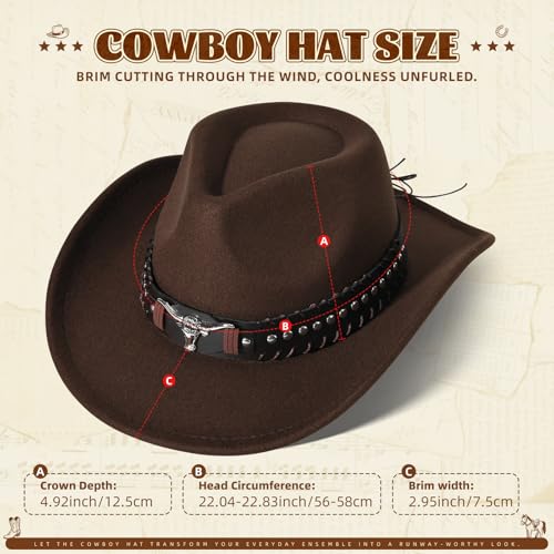 Image of Classic Western Cowboy Hat Cowgirl Hat Unisex Men's & Women's Wide Brim Felt Fedora Hat Flat Top with Buckle Belt