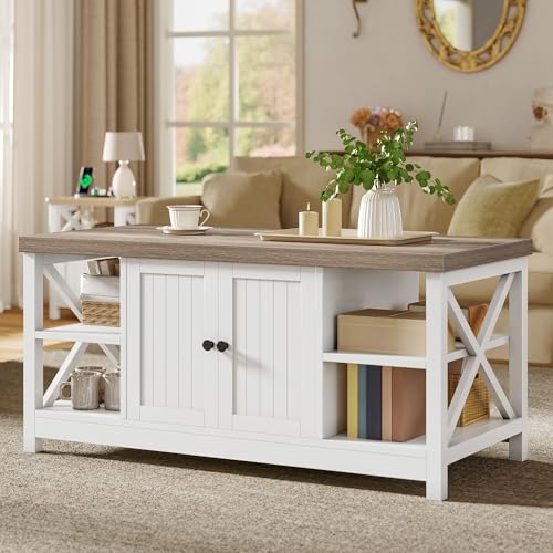 YITAHOME Coffee Tables for Living Room, Modern Farmhouse Coffee Table with Storage Cabinet, 2-Tier Center Table Wood Living Room Table Accent Cocktail with Sturdy Frame, Grey Wash