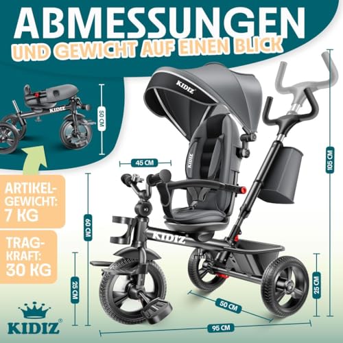 KIDIZ® Dreirad 6in1 Kinderdreirad mit Schubstange Lenkbar ab 9 Monaten bis 25Kg Jogger vorwärts & Rückwärtsfahrt, Korb Tasche Getränkehalter Sonnendach Gummiräder Buggy Fahrrad Baby Klappbar Grau
