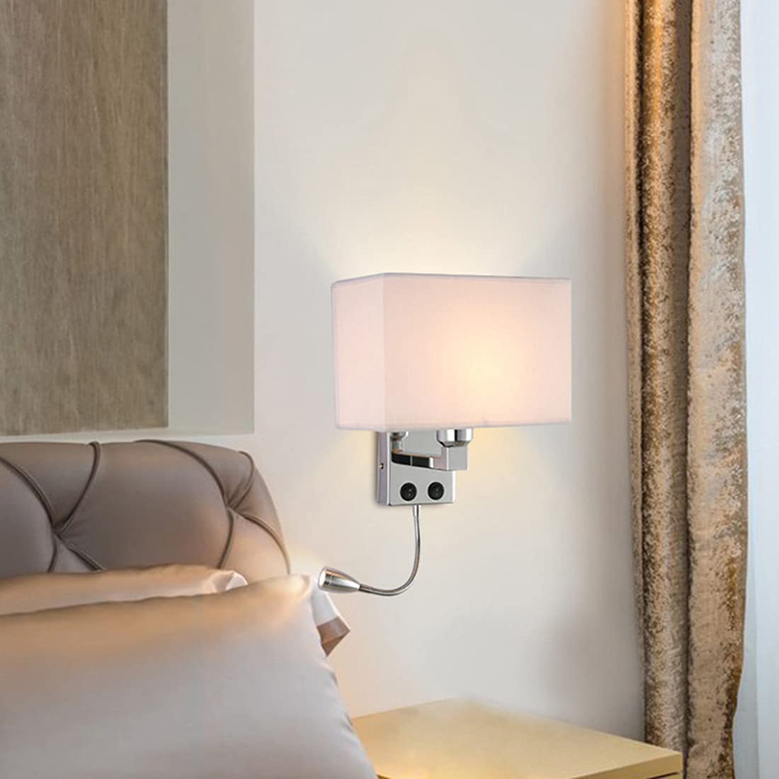 Lampada da Parete/Comodino a bilanciere con Porta di Ricarica USB, Stile Europeo, Ideale per Soggiorno, Camera da Letto, Hotel, Interni e corridoio (Paralume Bianco)