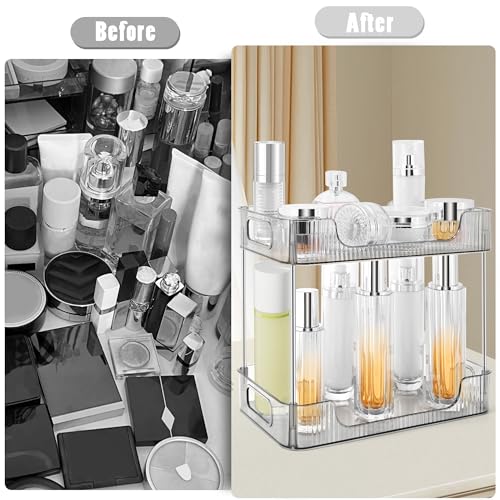 Image of 2-Tier Bathroom Counter Organizer Countertop Storage, Dresser Organizer Vanity Tray for Makeup, Perfume Organizer Cosmetics Skincare Shelf - Grey