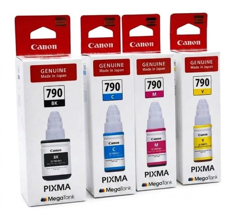 Image of Canon Original GI 790 Black, Cyan, Yellow & Magenta Ink Bottles - Compatible PIXMA G1000 G1010 G2000 G2002 G2010 G2012 G3000 G3010 G3012 G4000 G4010 Printers