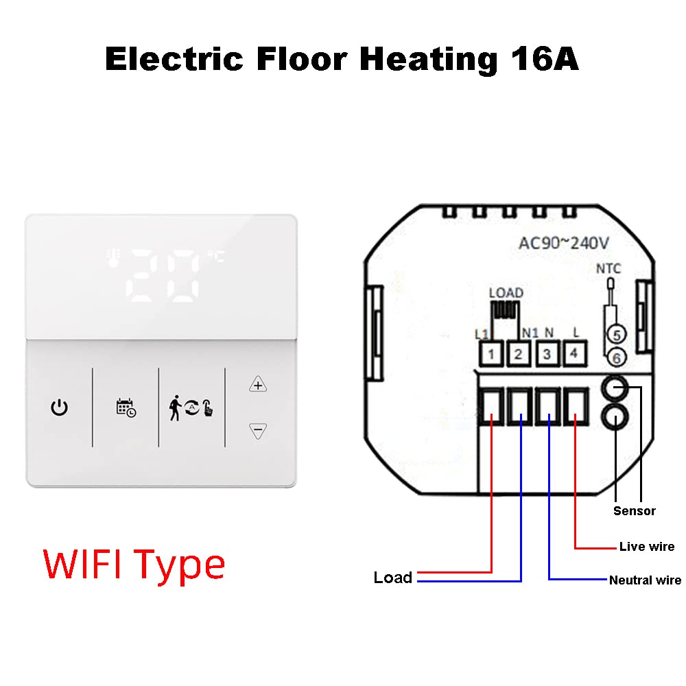 Termostato inteligente programable Caldera de gas/Calefacción de suelo eléctrico Controlador de temperatura WiFi Aplicación de voz Conexión (blanco para calefacción por suelo eléctrico)
