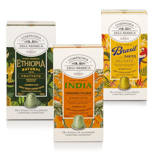 Caffè Corsini - Set de Cápsulas de Café Compatibles con Nespresso Viaje entre Continentes, 100% Arábica, India, Etiopía, Brasil, 3 Paquetes de 10 Cápsulas (Total 30 Cápsulas)
