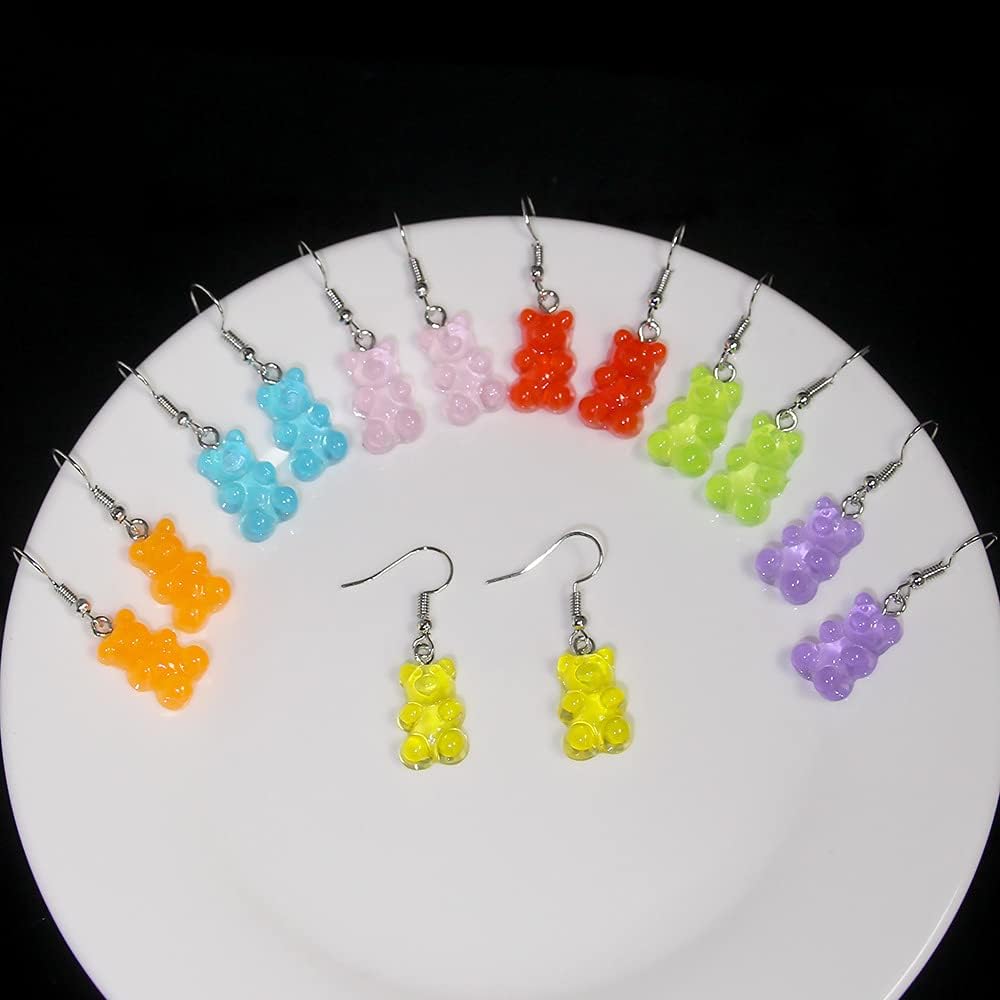 3Pairs Gummy Bear Earrings, Lovely Candy Color Translucent Jelly Bear Dangle Earrings for Women Cute Trendy Jewelry-yellow blue red - Image 4