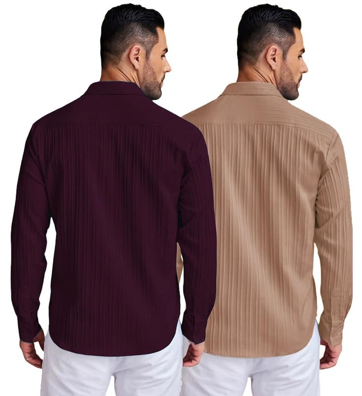 Image of DEELMO Combo of Men's Casual Button Down Shirts Long Sleeve Linen Shirt Fashion Textured Summer Shirts Pack of 2