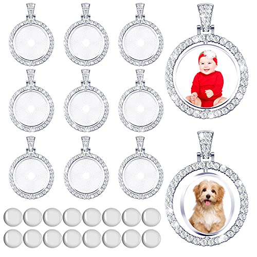 27 Pieces Rhinestone Pendant Trays Set Including 9 Pieces Double-Sided Blank Pendant Trays 1 Inch Bezel Pendant Trays Round Pendant Charms with 18 Transparent Glass Cabochons (Silver)