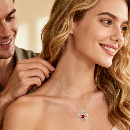 Image of 1.2CT Rose Heart Necklace Option of Moissanite or Lab-Grown Sapphire Ruby Emerald&More Necklace for Women Birthstone Girlfriend Necklace S925 Sterling Silver 18K White /Rose Gold Plated D Color VVS1 Gift for Wife Mother Daughter for Birthday Anniversary Mothers Day Necklace for Mom Engraved 'I LOVE YOU' Flower Floral Necklace
