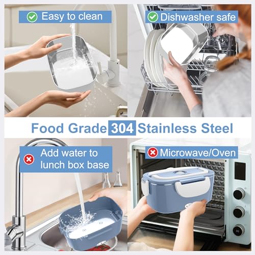 Image of Electric Heated Lunch Boxes Adults: 80W Electric Lunch Box Food Heated 12 /24 /110V 1.5L Heatable Lunch Box for Car /Truck /Office Leak-Proof Stainless Steel Container,Fork & Spoon,Bag (Light Blue+White)