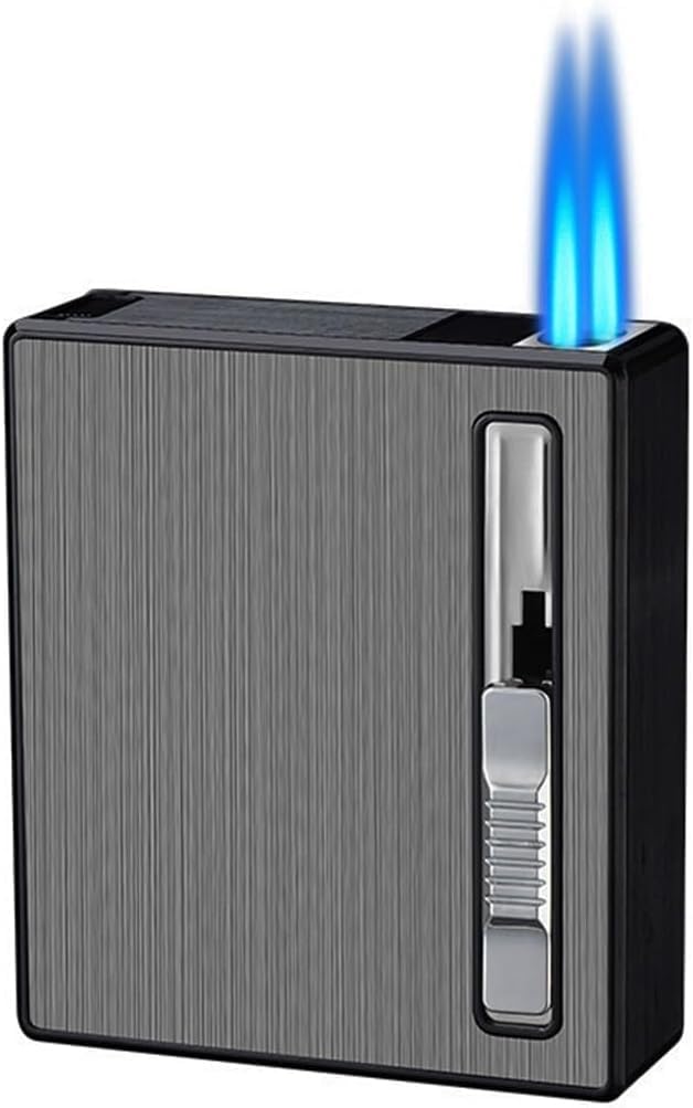 SUCADA 2 In 1 Torch Lighter With Cigarette Case Metal Windproof Proof Inflatable Lighters The Whole Pack Of 20 Cigarettes Double Jet Flame Butane Lighter (Color : Nero)
