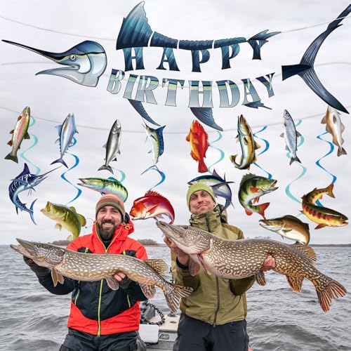 Image of Fishing Birthday Party Decorations - 10PCS Fishing Themed Banners with Hanging Swirls Happy Bday Decoration for Fish Lovers Fisherman