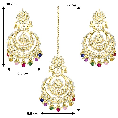 Image of Peora Traditional Jewellery Rhodium Kundan & Pearl Maang Tikka Earring Set for Women Girls
