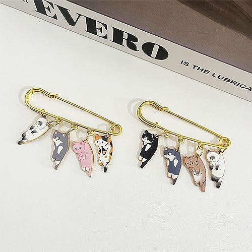 Image of Lovely Cat Charms Gold-Tone Safety Pins - Calico, Ginger, Siamese Cat Dangle Accessory Brooch Pin for Cat Lover Gift