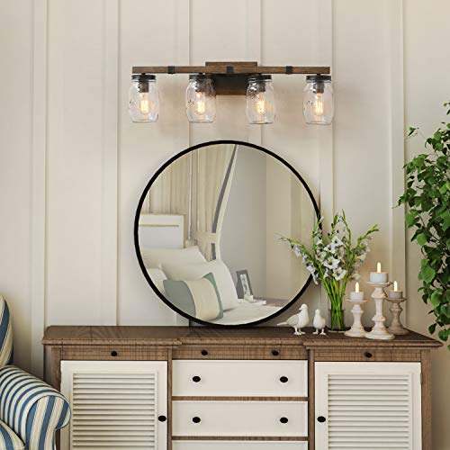 LOG BARN Rustic Bathroom Vanity Light with Mason Jar Glass, Farmhouse 4-Light Sconces Wall Lighting, Faux-Wood Finish, 29 inches - Image 3