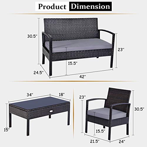 Image of Carry Bird 4 Piece PE Wicker Rattan Outdoor Furniture | 4 Seater Balcony Sofa With Tea Table | Set of 2+1+1 Outdoor Patio Chairs with Coffee Table | Sofa Sets & Center Table for Home & Garden | 3 Piece Patio Stools with Table | Indoor Patio Furniture Set Space Saving | Rattan Chair | Patio Set | Wicker Conversation Set | Poolside Lawn Arm Chairs Set For Balcony & Terrace | Balcony Table chair Set | Hotel Patio Seating Chair & Table Set with Glass | Brown Sofa Grey Cushion