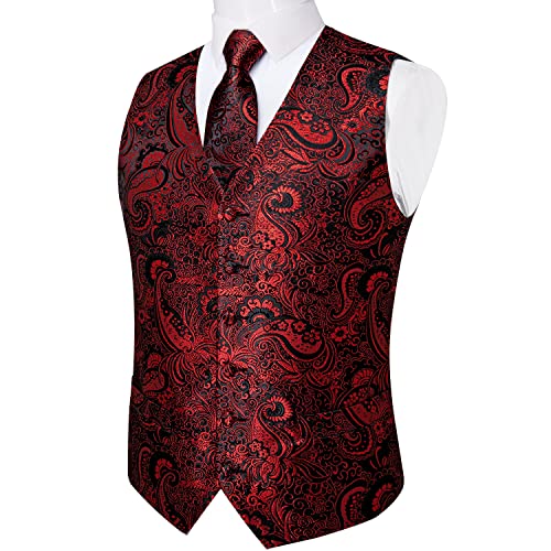 Dibangu Formal Men Red Black Vest Paisley Jacquard Silk Tie Suit Waistcoat Set Wedding 5Pcs #TOP4