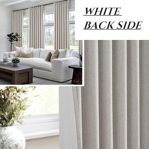 Image of Grey Beige Viral Thick Linen Blackout Curtains 90 Inches Long for Bedroom /Dining Room 2 Panels Set, Neutral Pinch Pleated Melange Energy Efficient Sunblock Drapes with White Backing (40 inchWx90 inchL)