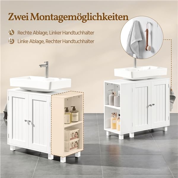 Yaheetech Waschbeckenunterschrank, Unterschrank, Badezimmerschrank mit 2 Türen, rechts oder Links austauschbar, Badschrank, höhenverstellbare Ablage, Weiß, 75x30x62 cm