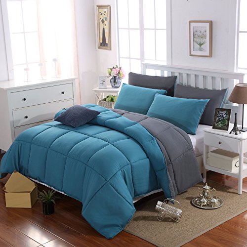 MOHAP Couette Bicolore d'hiver 220x240cm Hypoallergénique 4 Saisons Lac Bleu + Gris Foncé Couette de Lit Réversible 2 Personnes Edredon