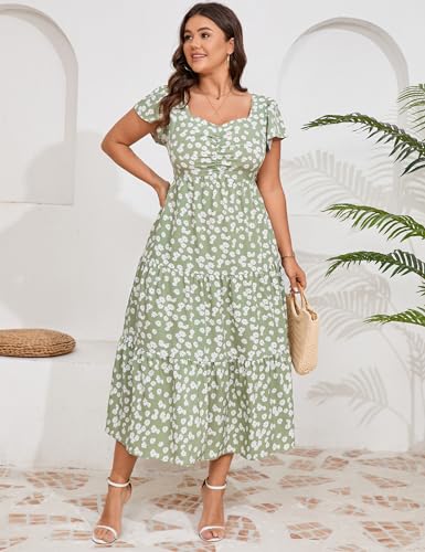 Image of KOJOOIN Women Plus Size Summer Dress Short Sleeve Casual Dress Floral Midi Dress Sweetheart Neck Ruffle Dress