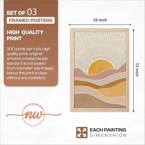 Image of NoWorries Boho art Framed Painting Set of 3 | Abstract prints mid century modern decor Frames | Sun wall art neutral wall decor minimalist line art | Botanical leaf prints scandinavian wall art Fame | Beige aesthetic Decor for living room, bedroom, office and gallery (Art-13, 10x13inch, Wooden)