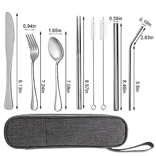 Reusable Utensils Set With Case Portable Travel Utensils Cutlery Set Stainless Steel Flatware Set For Camping 8Pcs Including Dinner Knife Fork Spoon Chopsticks Boba Straw (Silver) #TOP2