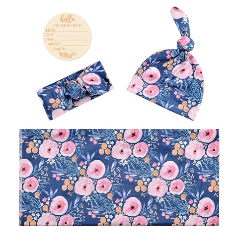 Image of Giggle Angel Baby Receiving Blanket Swaddle Blanket Infant Wrap with Matching Headband Beanie and Name Card (Purple)
