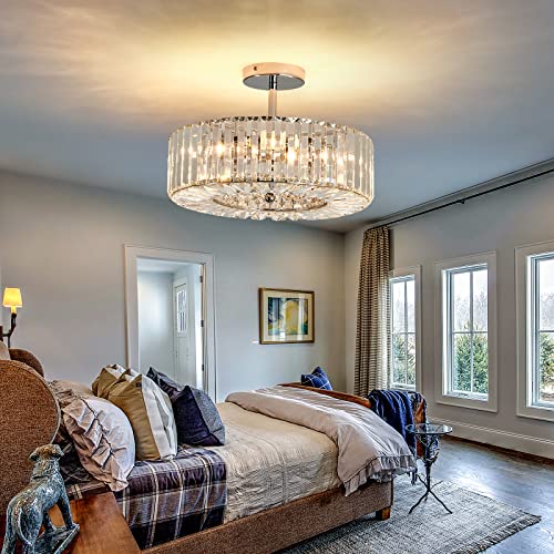 Image of Piepooye 4 Lights Modern Crystal Chandelier Chrome Round Semi Flush Mount Ceiling Light Fixture Farmhouse Chandelier for Dinning Room Living Room Bedroom Hallway Entryway Kitchen