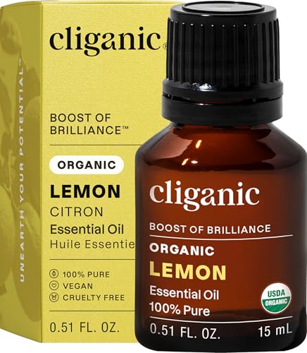 Cliganic Organic Pure Lemon Essential Oil 0.51 Fl Oz 100% Natural Aromatherapy for Diffuser Massage Cleaning & Relaxation Fresh Citrus Scent Energizing & Uplifting Oil