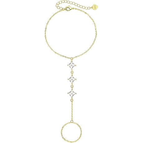 Chain - EXCEART 14K Golden Finger Ring Bracelet CZ Hand Chain Women's, Adjustable 6-8" Length