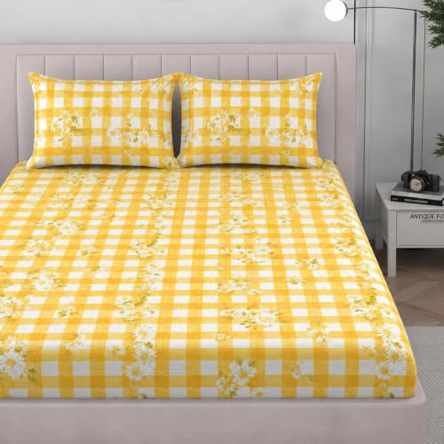 Image of 380 TC Premium Glace Cotton Elastic Fitted Bedsheet King Size with 2 Pillow Covers King Size | Double Bed with All Around Elastic (YellowC, Fitted - 72 inchx78 inch King)