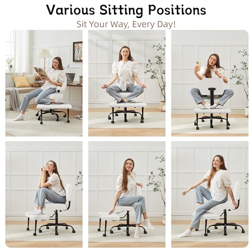 Image of Ergonomic Criss Cross Legged Office Chair, ADHD Chair, 360 Swivel Meditation Kneeling Chair with Wheels, Adjustable Footrest, Wider Height Adjustable Seat, Lumbar Support, Teddy Fabric, OffWhite