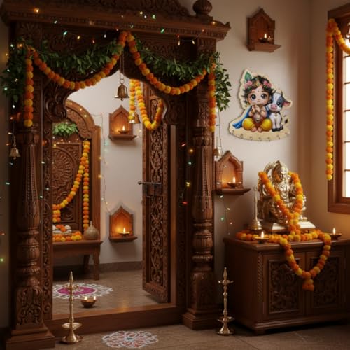 Image of Krishna Key Holder for Wall - Baby Krishna with Cow Key Stand with 7 Hooks - Wooden Wall Mounted Key Hanger for Home Decor - 7x9 Inch - No Drill Installation
