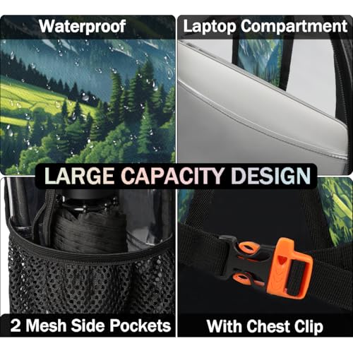 Nature Forest Clear Backpack for Stadium Events, Green Plants Waterproof Clear Bag for Women Men Adult Sport Work Daily Music Festival and Concerts3