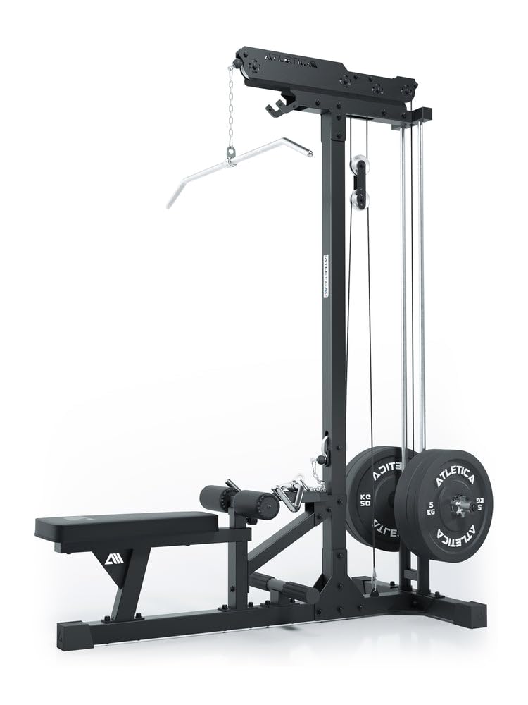 ATLETICA Latzug mit Ruder-Station, Plate-Loaded, Studioqualität | Führungsstäbe aus Vollstahl, Hartchrom-Griffe inklusive, 224cm Höhe