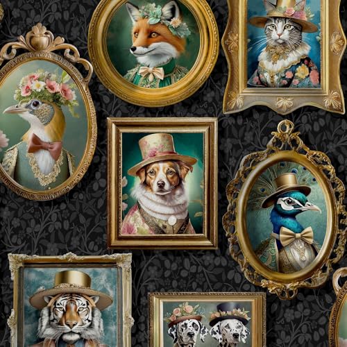 Imprimés d'animaux royaux dans des cadres photo dans des costumes de style victorien Papier peint parfait pour les murs d'accent, les chambres, charbon Holden...